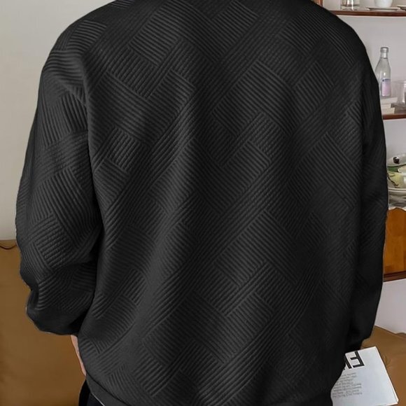 Men Men's Crewneck‎ Sweat Soild Color Geometric Texture Long Sleeve Casual Shirt - Picture 3 of 5